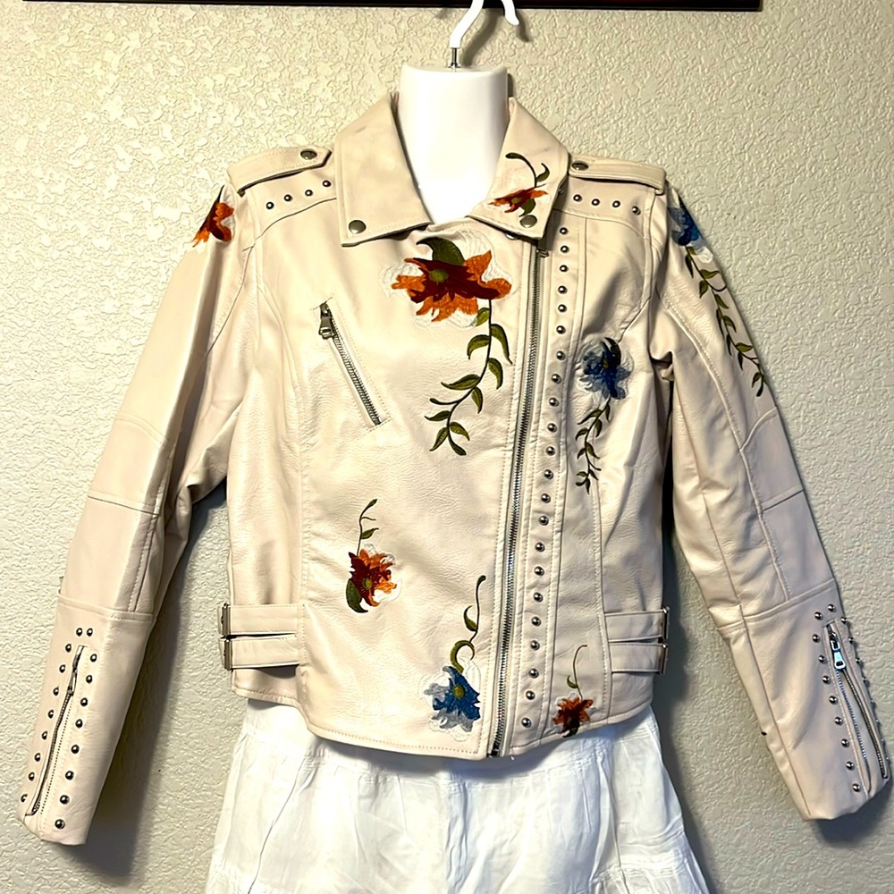Faux Leather Women’s Long Sleeve Embroidered Floral Jacket.